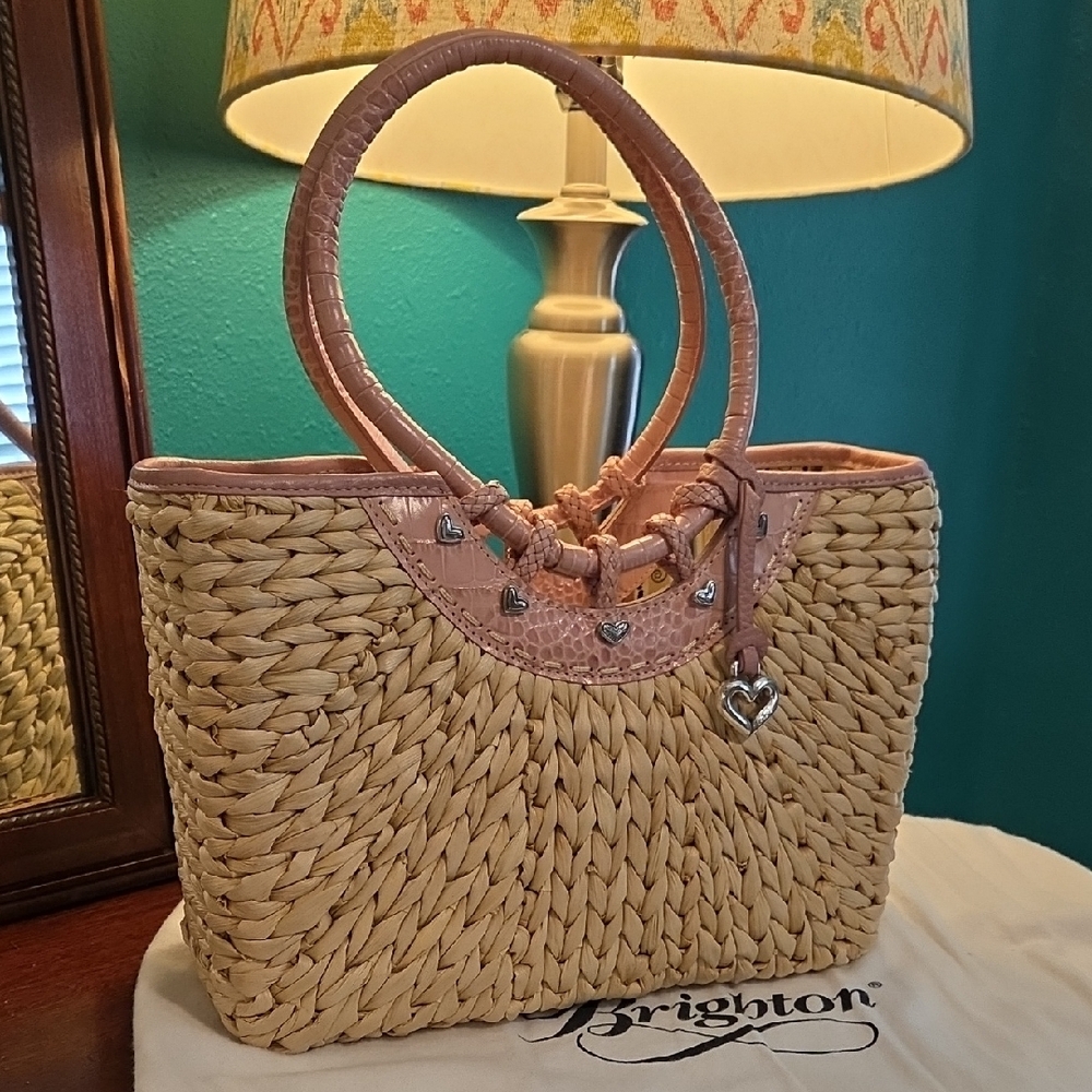 Brighton Straw Structured Tote Bag With Pink Faux Croc Embossed Leather Trim - Picture 14 of 14
